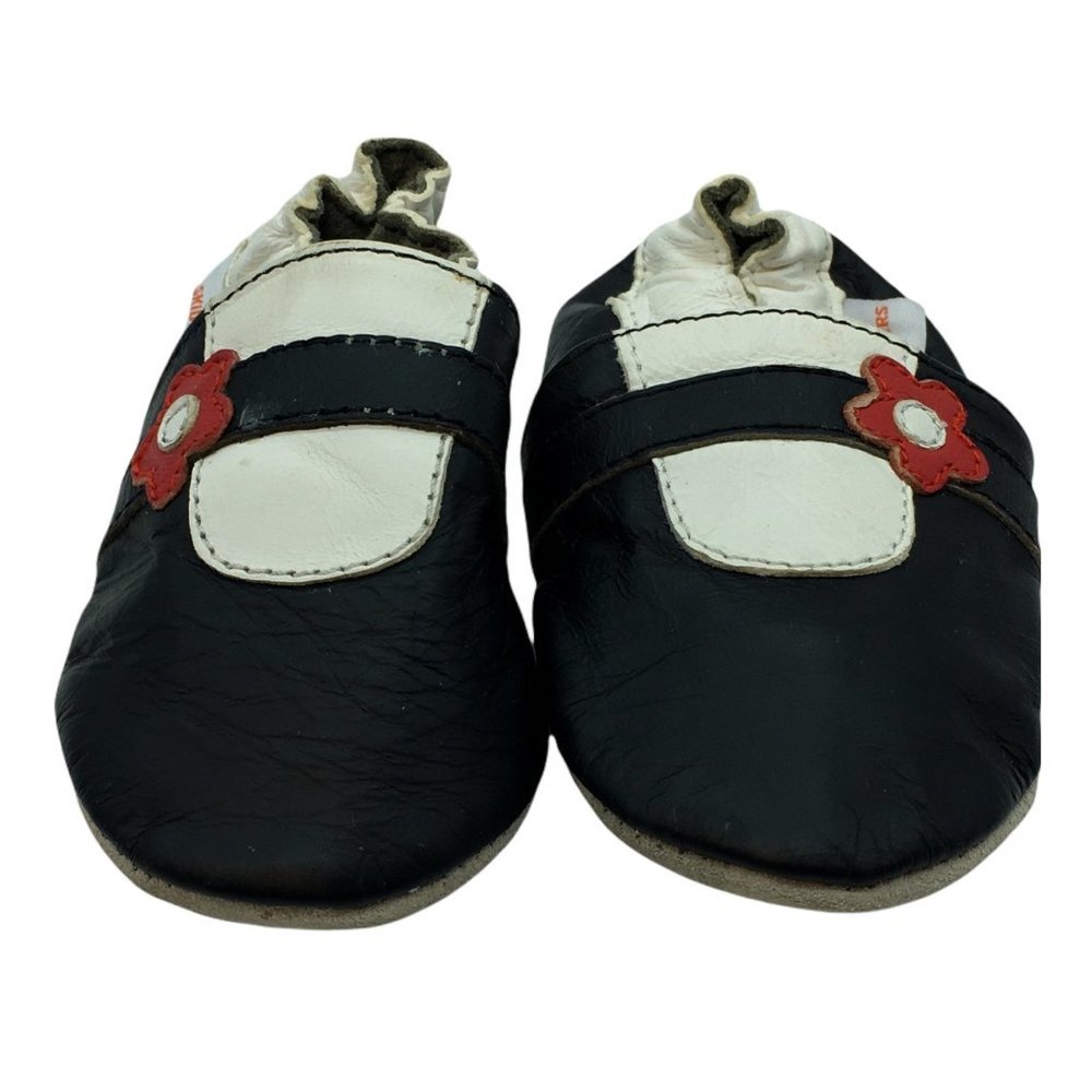 Skidders moccasins leather Crib Shoe Black Red Flower Slip On 6-12 Months